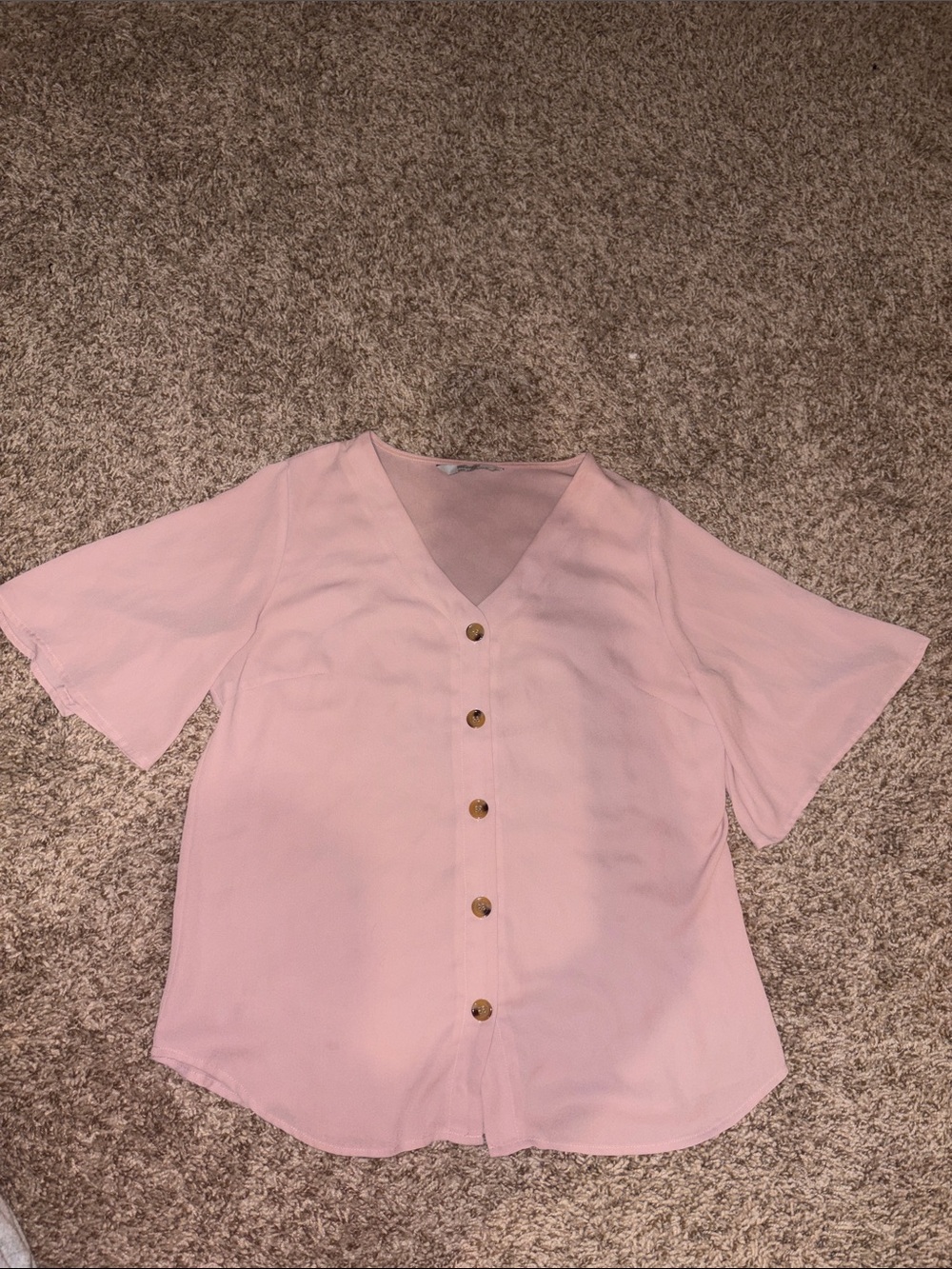 Women's Light Pink V-Neck Button Blouse with Short Sleeves
